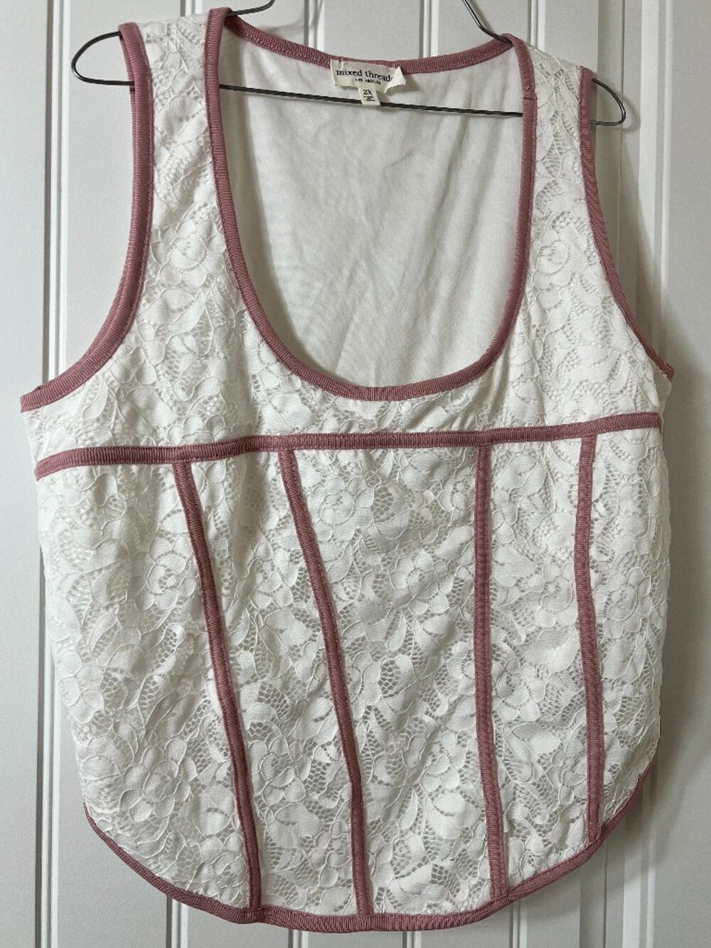 Coquette White Lace Corset Top Pink Trim Bustier High Low Blouse Tank Plus 2X